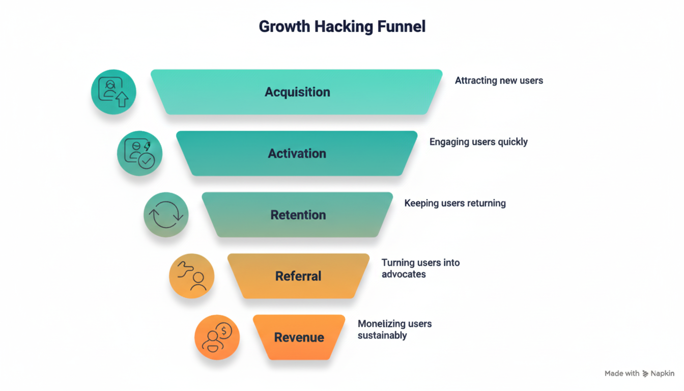5-stage growth funnel: Acquisition, Activation, Retention, Referral, Revenue