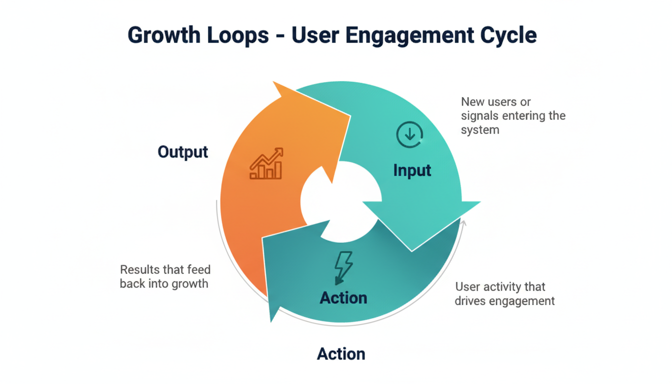 Growth loop: Input → Action → Output, compounding user engagement