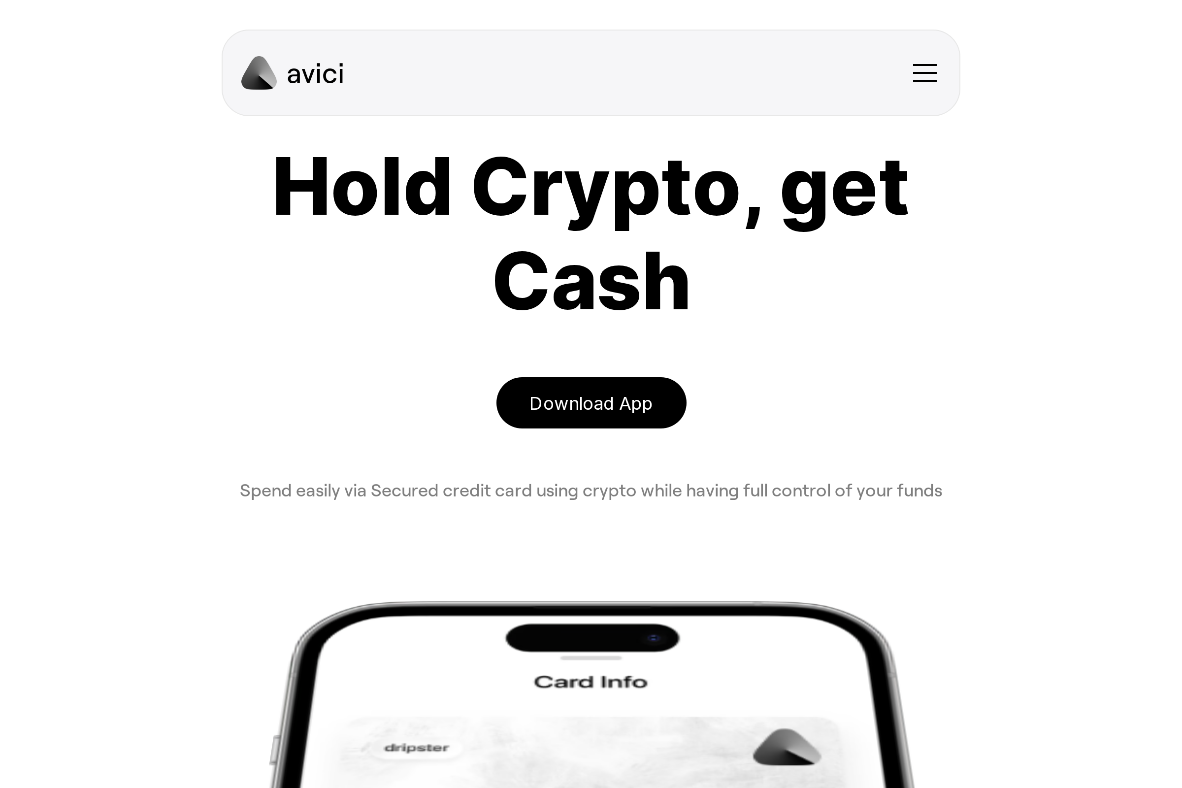 Página oficial de Avici en inglés que presenta su tarjeta asegurada respaldada por cripto