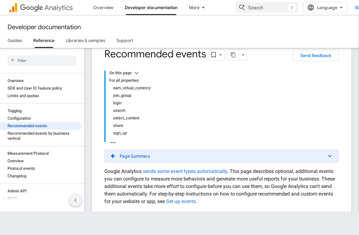 Documentación para desarrolladores de Google Analytics en inglés que enumera eventos recomendados, incluidos join_group, sign_up y login