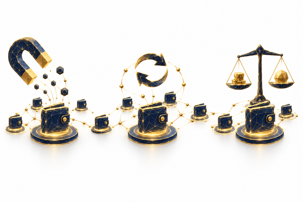 Abstract connected wallet nodes flowing through acquisition, retention, and cost measurement stages