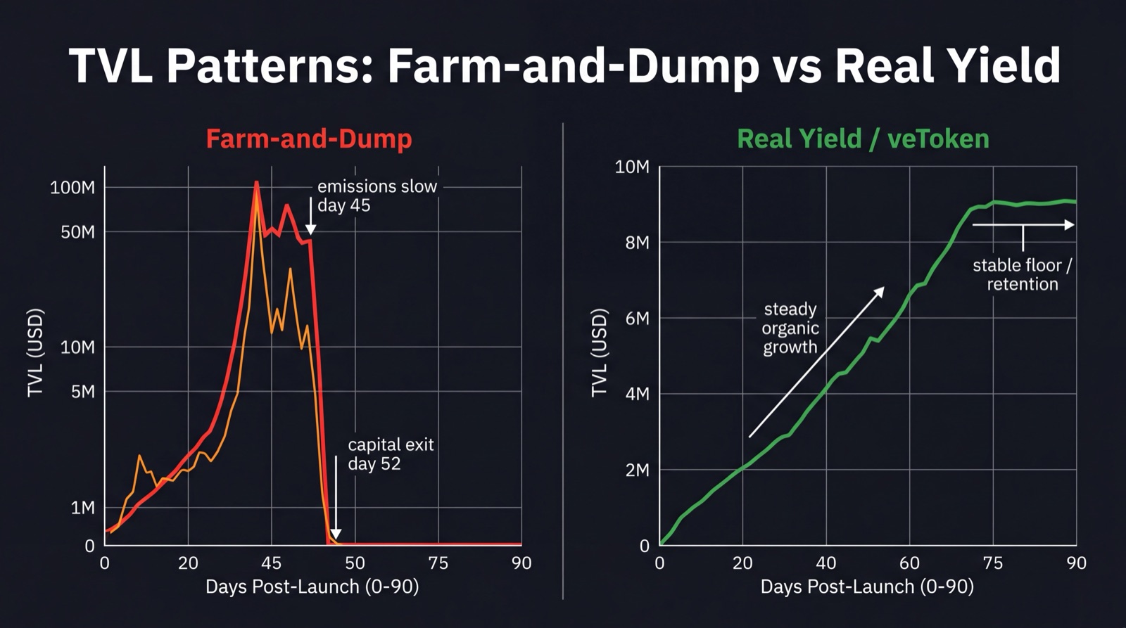 Gráficos de TVL lado a lado comparando farm-and-dump vs protocolo de yield real ao longo de 90 dias