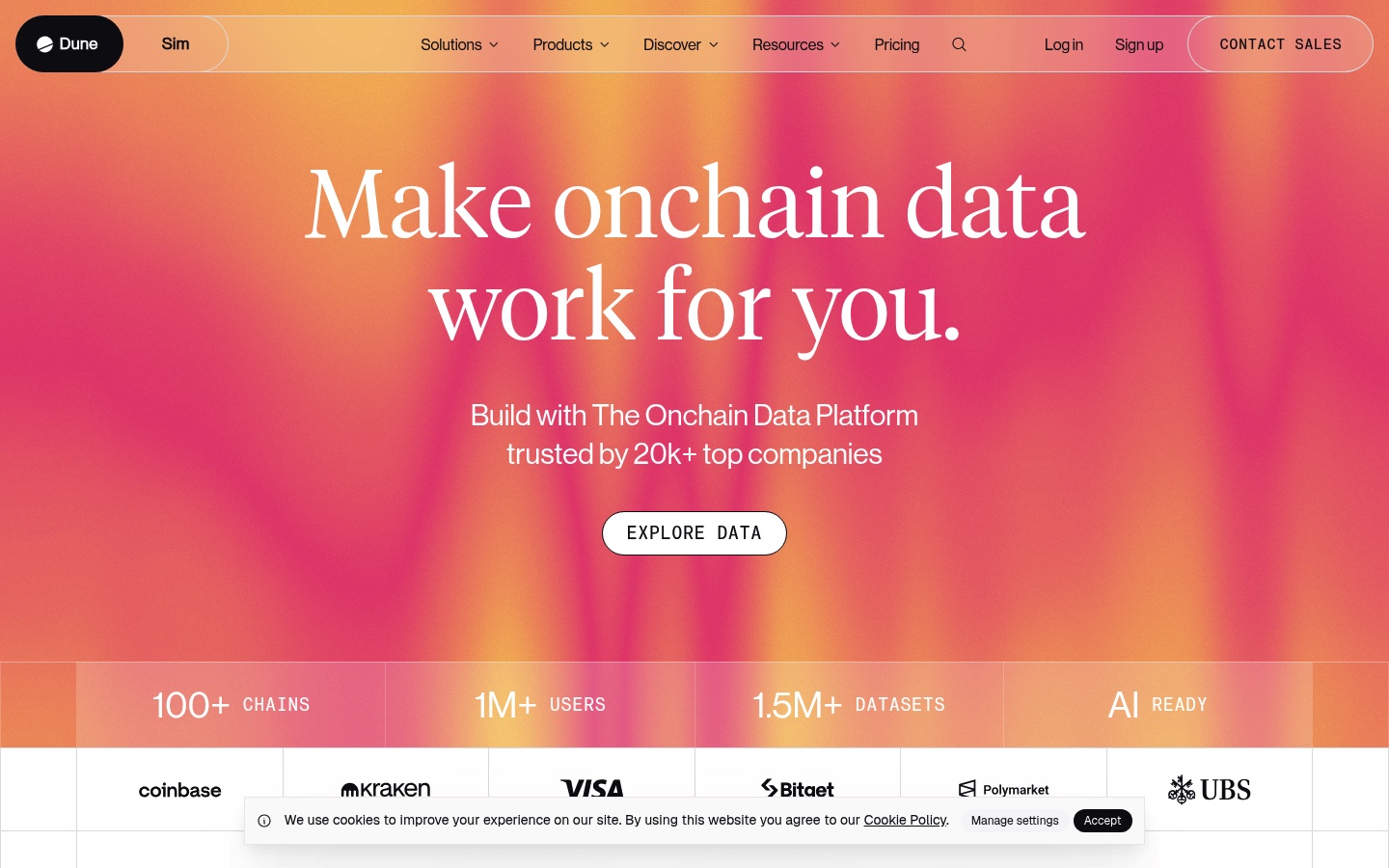 Página inicial do Dune Analytics, plataforma de dados on-chain