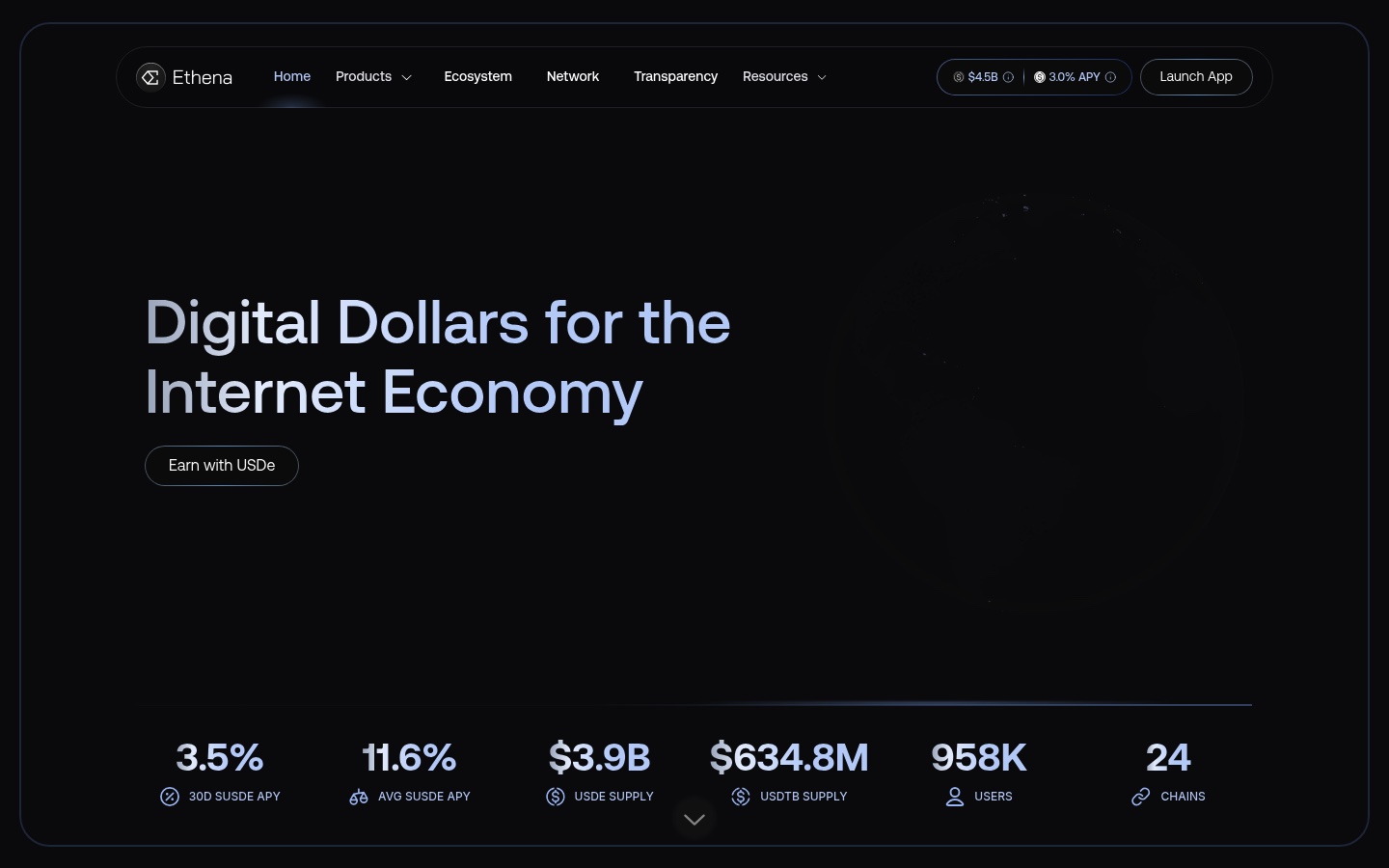 Captura da página inicial do protocolo Ethena com visão geral do produto stablecoin