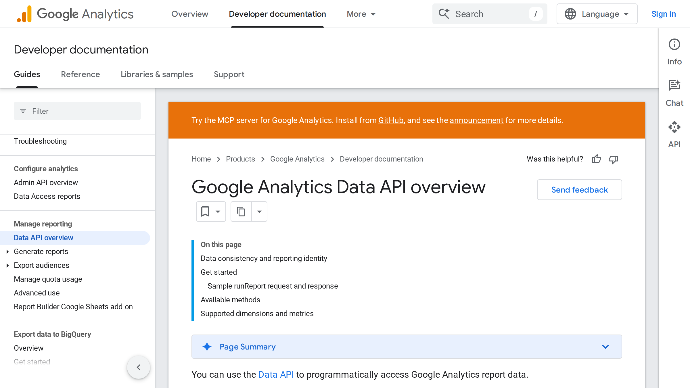 Página de documentación de la API de Google Analytics con métodos de reporte y dimensiones soportadas