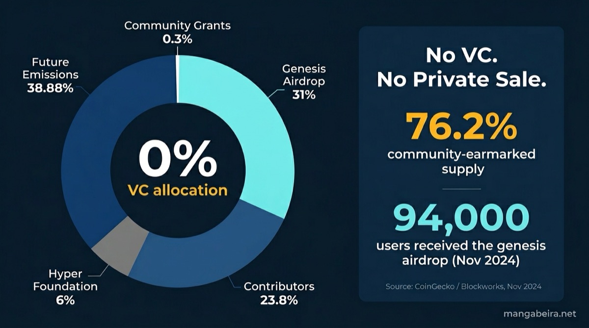 Distribución del token HYPE en génesis: cero asignación a VC, 76.2% destinado a la comunidad