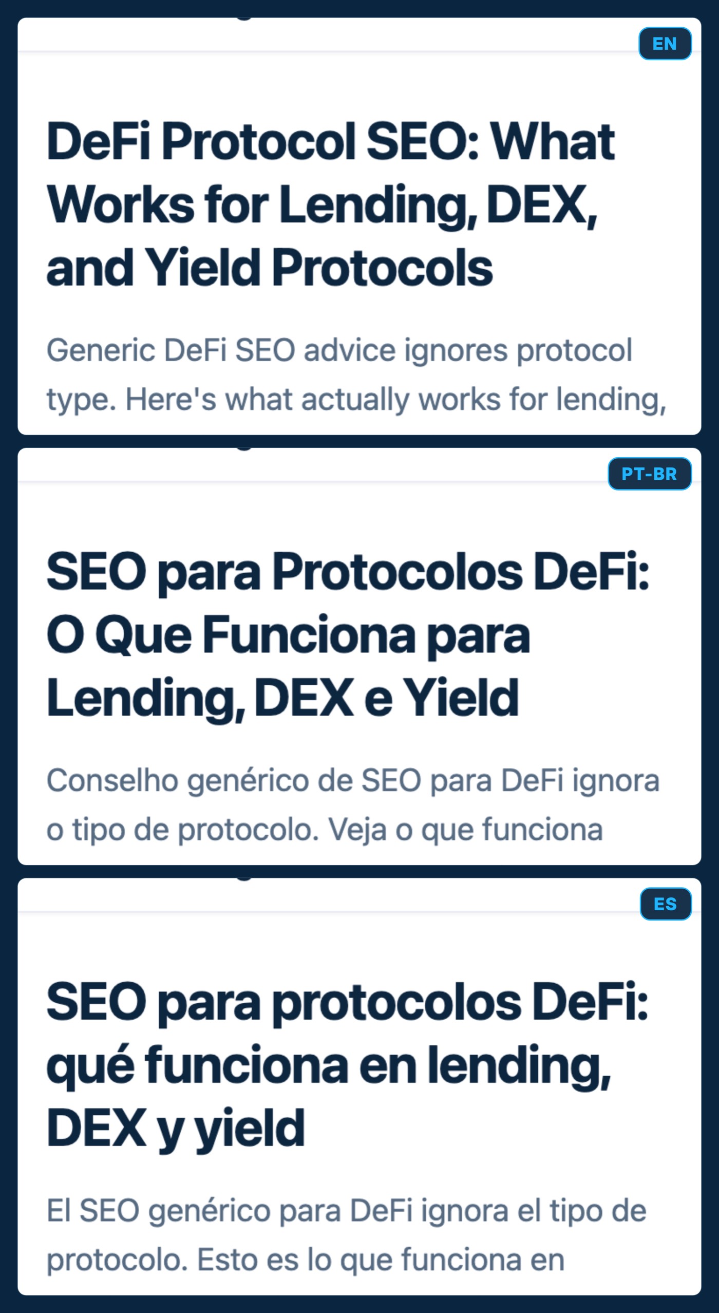 The same mangabeira.net article live in English, Brazilian Portuguese, and Spanish, shown side by side on mobile with localized titles, bylines, and slugs