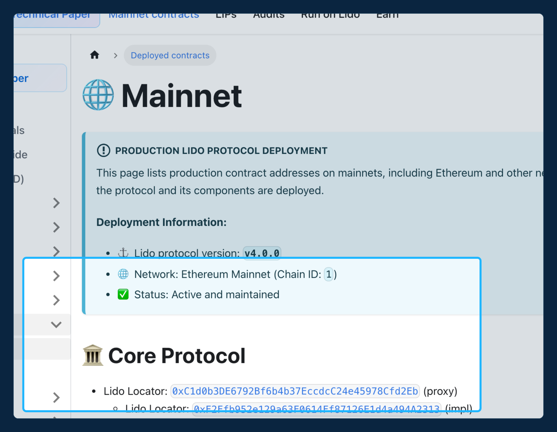 Lido's deployed-contracts documentation page listing protocol version, network, status, and every core contract address with proxy and implementation