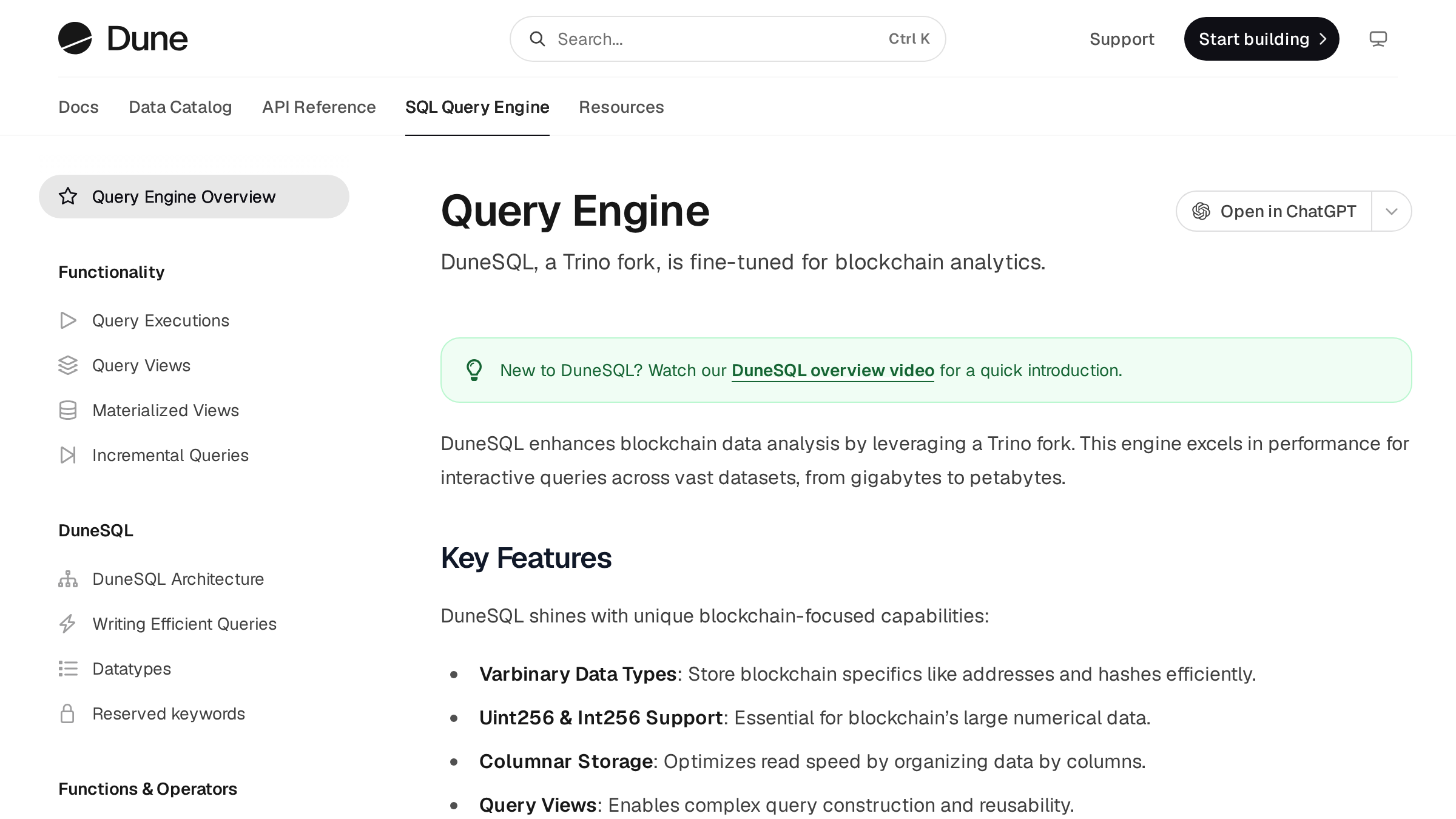 Dune Query Engine overview page showing documented query-engine features