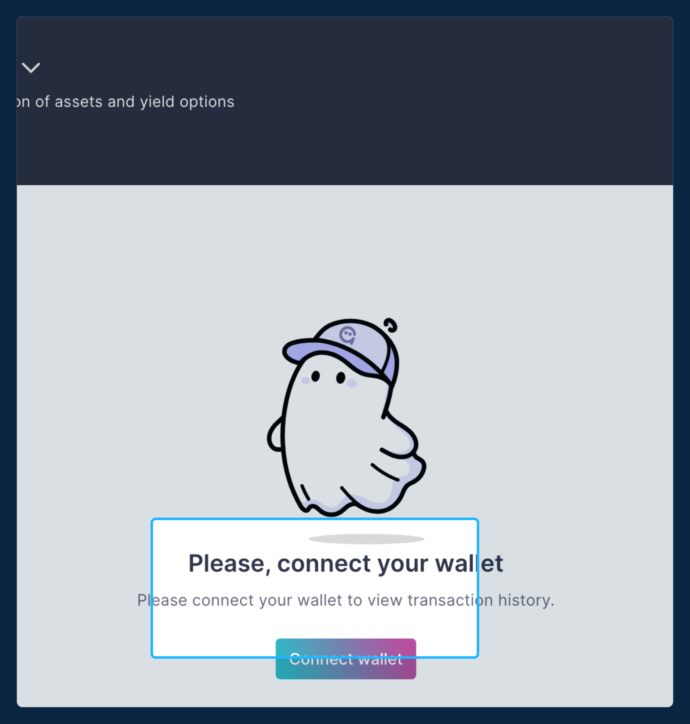 Aave's transaction history page without a wallet connected, showing only a please-connect-your-wallet prompt
