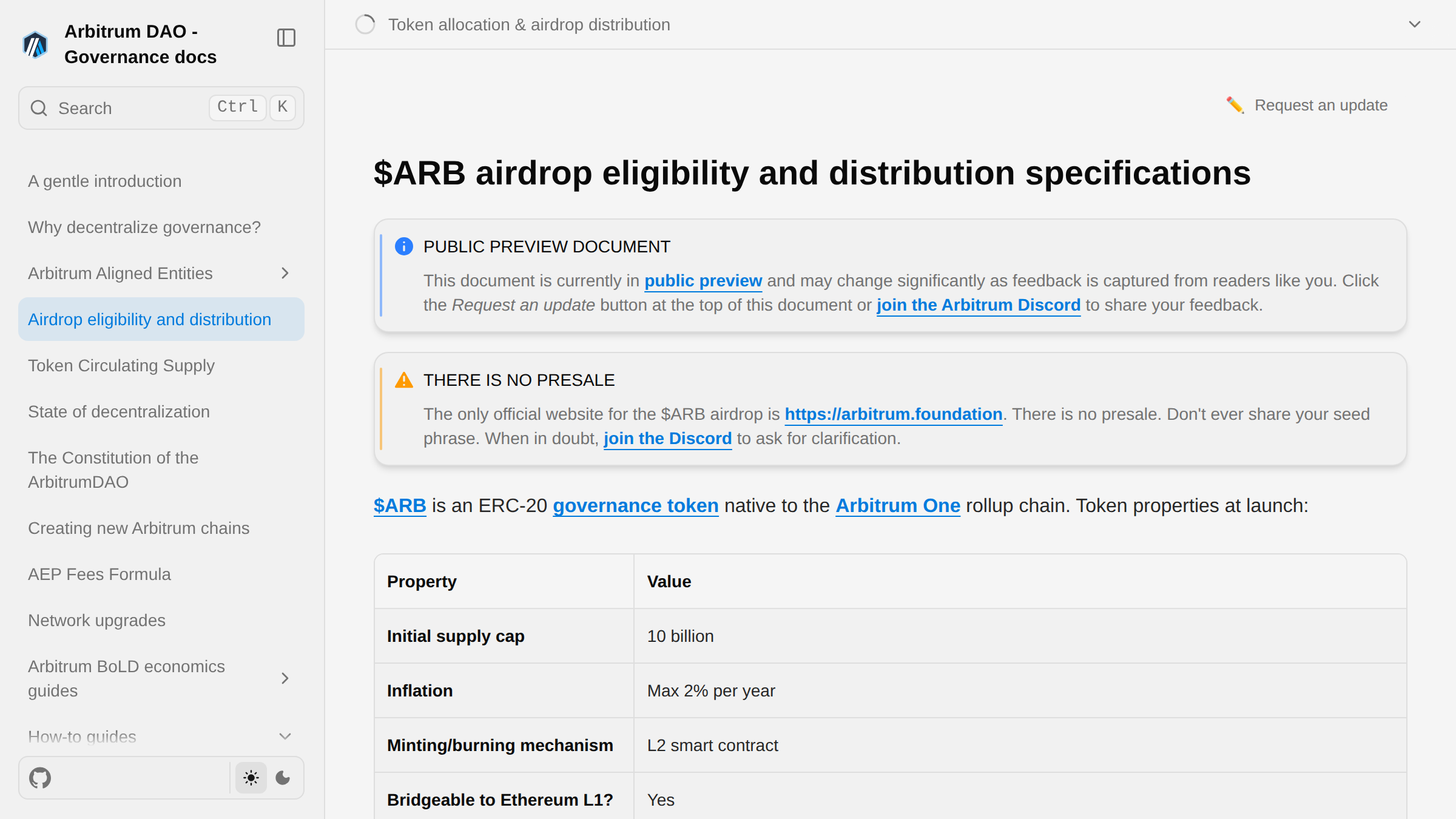 Página en inglés de la documentación de Arbitrum DAO que muestra la distribución y los términos de vesting de ARB