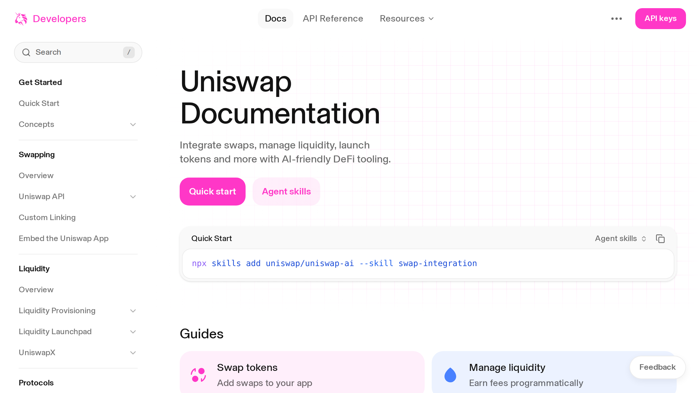 Vista general en inglés de la documentación para desarrolladores de Uniswap, con guías de producto y navegación de la API
