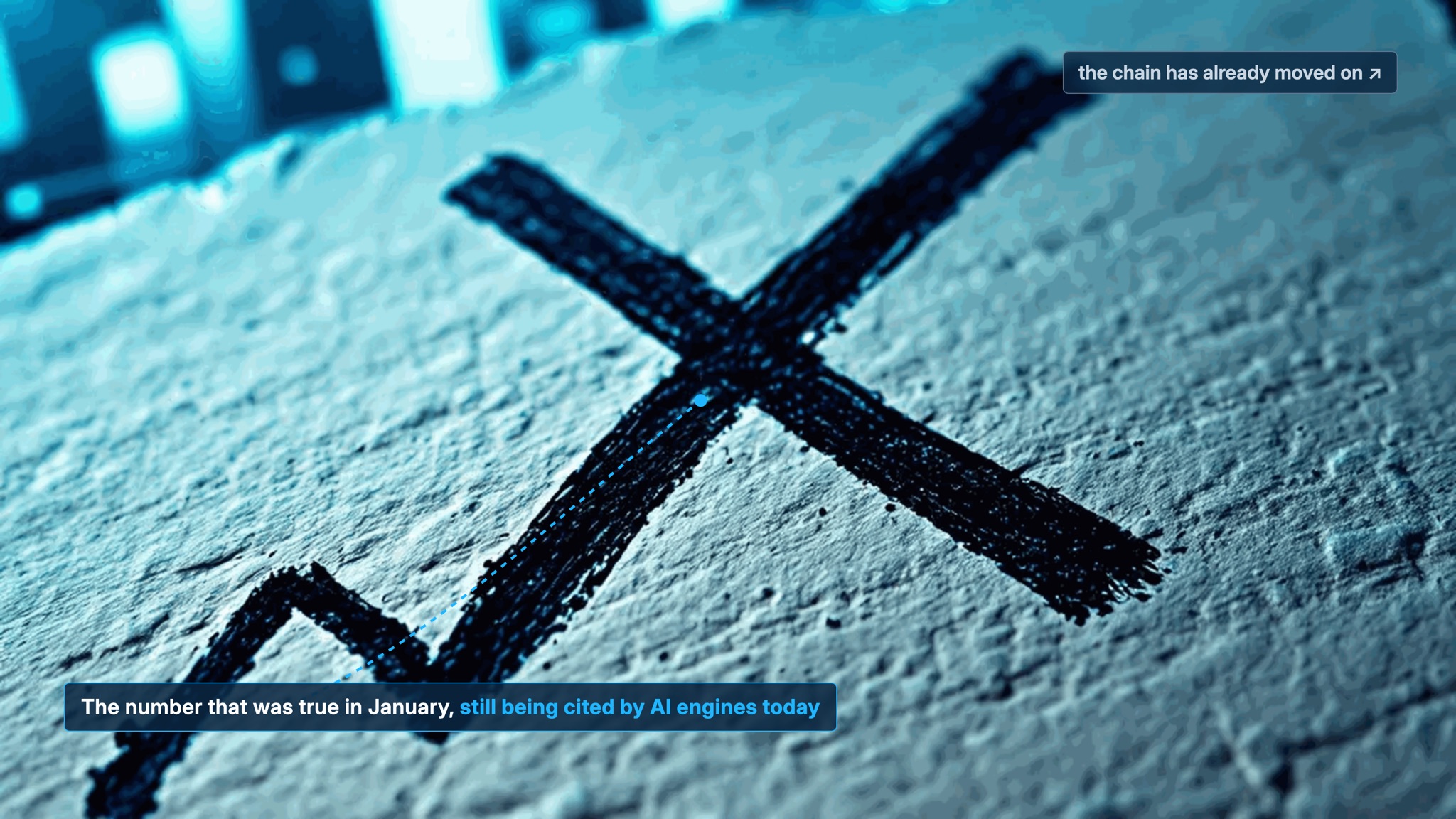 Fotografia macro de uma linha de gráfico desenhada à mão em papel com textura, com um risco de tinta cruzando-a, brilho abstrato de dashboard ao fundo