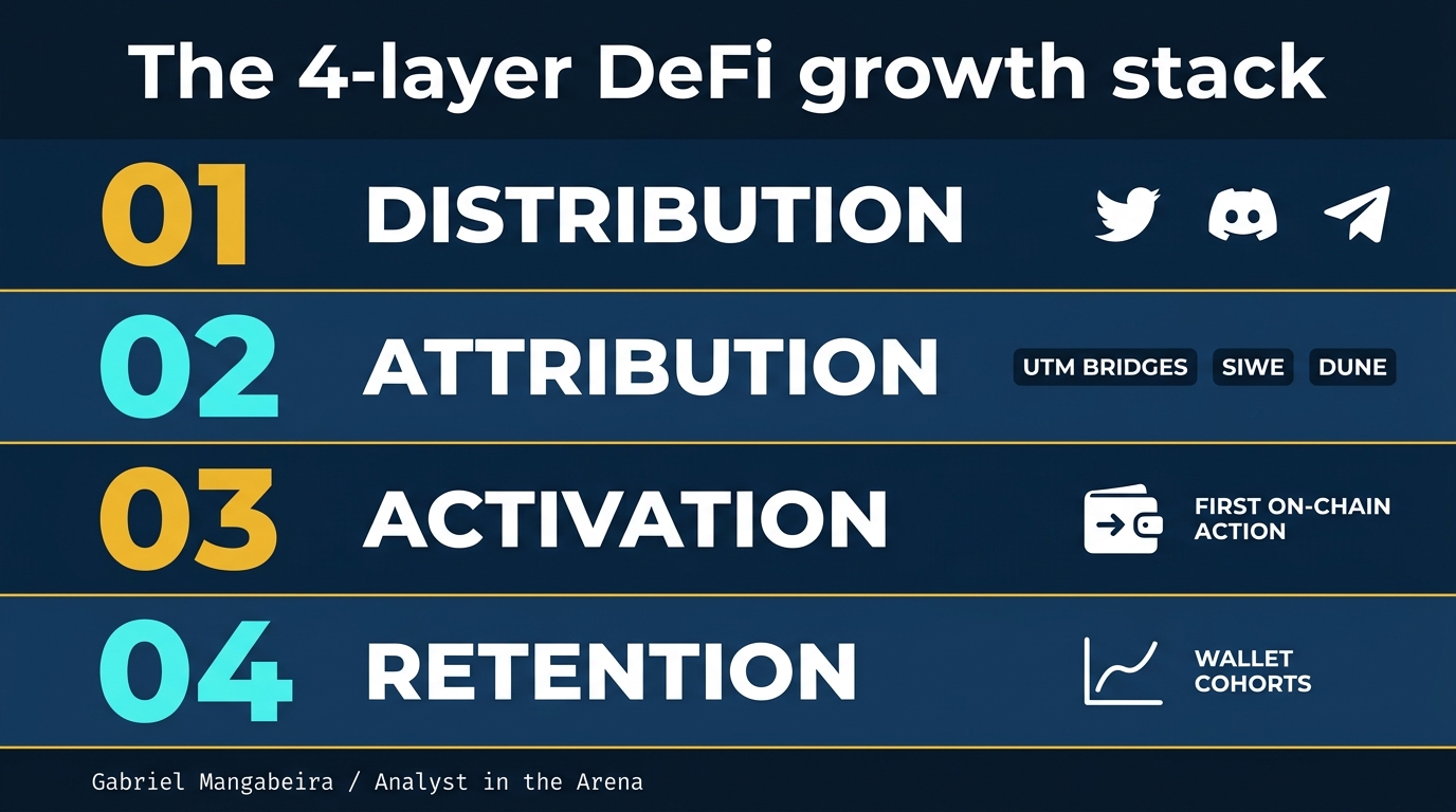 O stack de growth DeFi de 4 camadas: Distribuição, Atribuição, Ativação, Retenção