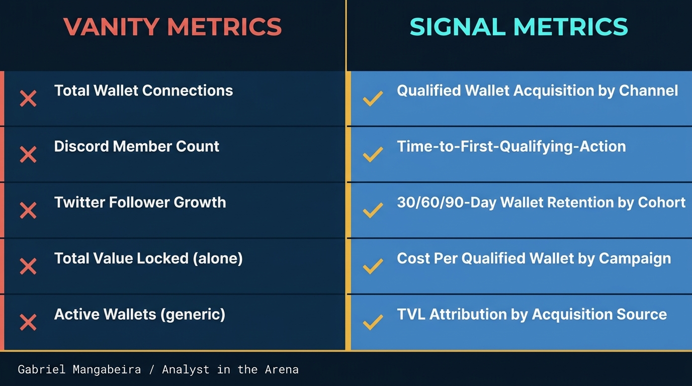 Métricas de sinal vs. métricas de vaidade para growth marketing em DeFi