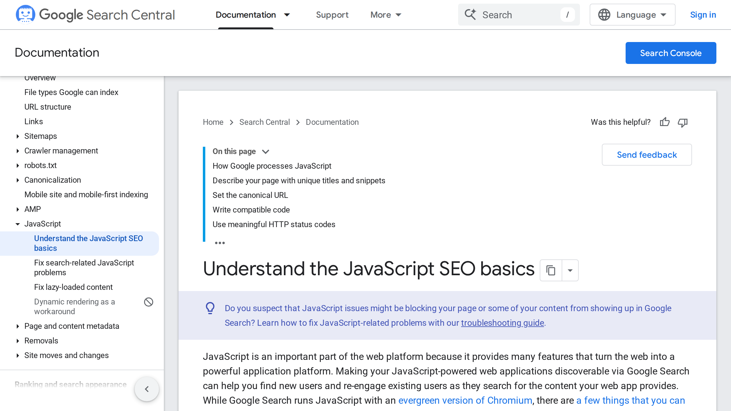 Página de documentación de Google Search Central sobre fundamentos de JavaScript SEO, mostrando el título y el contenido de la documentación