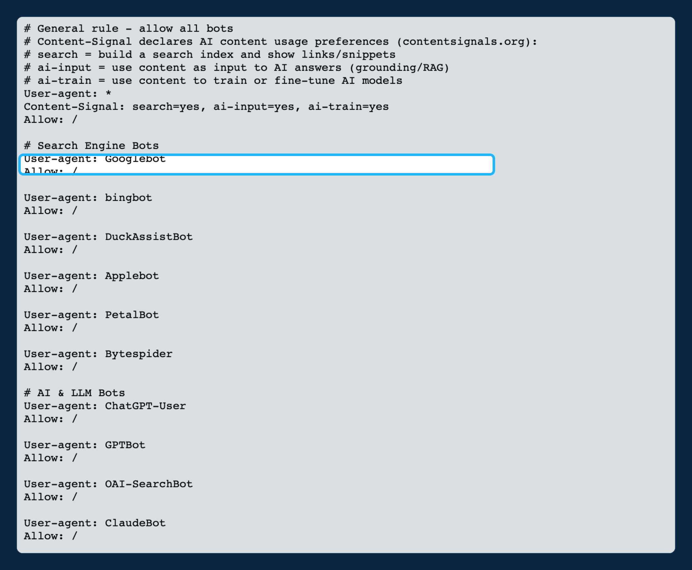 robots.txt em produção do mangabeira.net mostrando uma declaração Content-Signal e uma allowlist explícita para crawlers de IA incluindo GPTBot e ClaudeBot