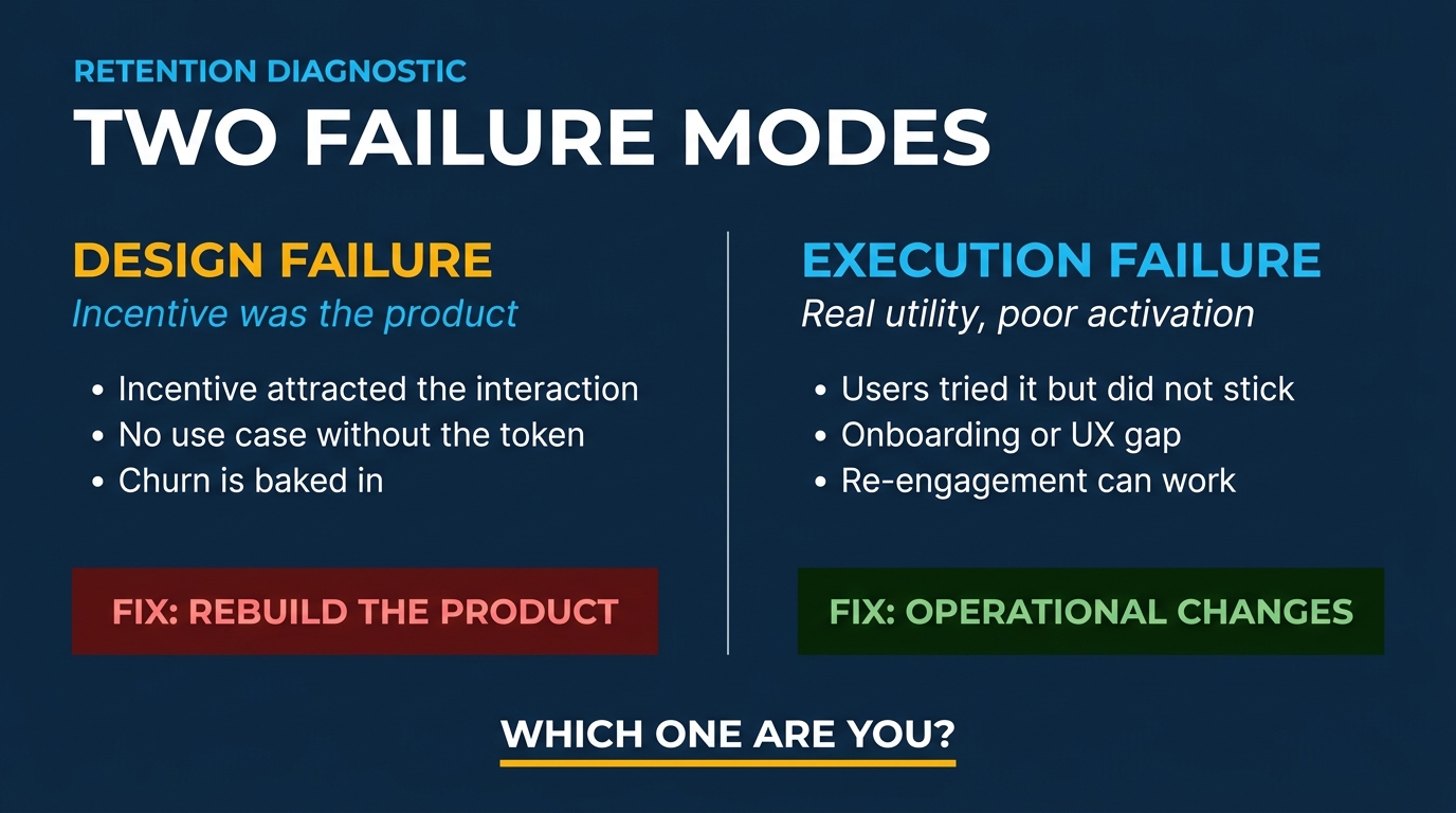 Diagnóstico em duas colunas comparando Falha de Design (sem PMF) vs. Falha de Execução (PMF existe, onboarding quebrado)